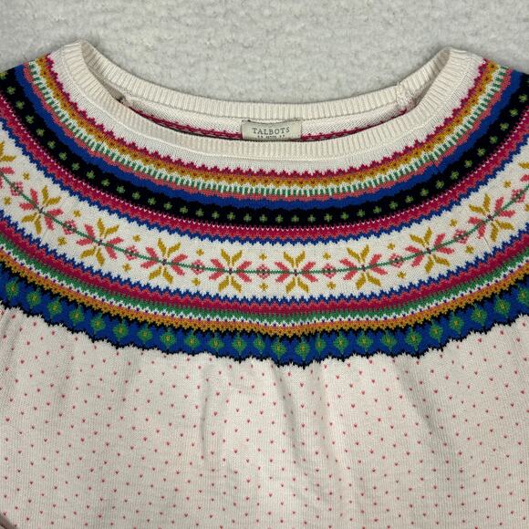 Talbots Petite Size LP Crewneck Sweater Fair Isle Knit Colorful Preppy FLAW - Picture 2 of 9